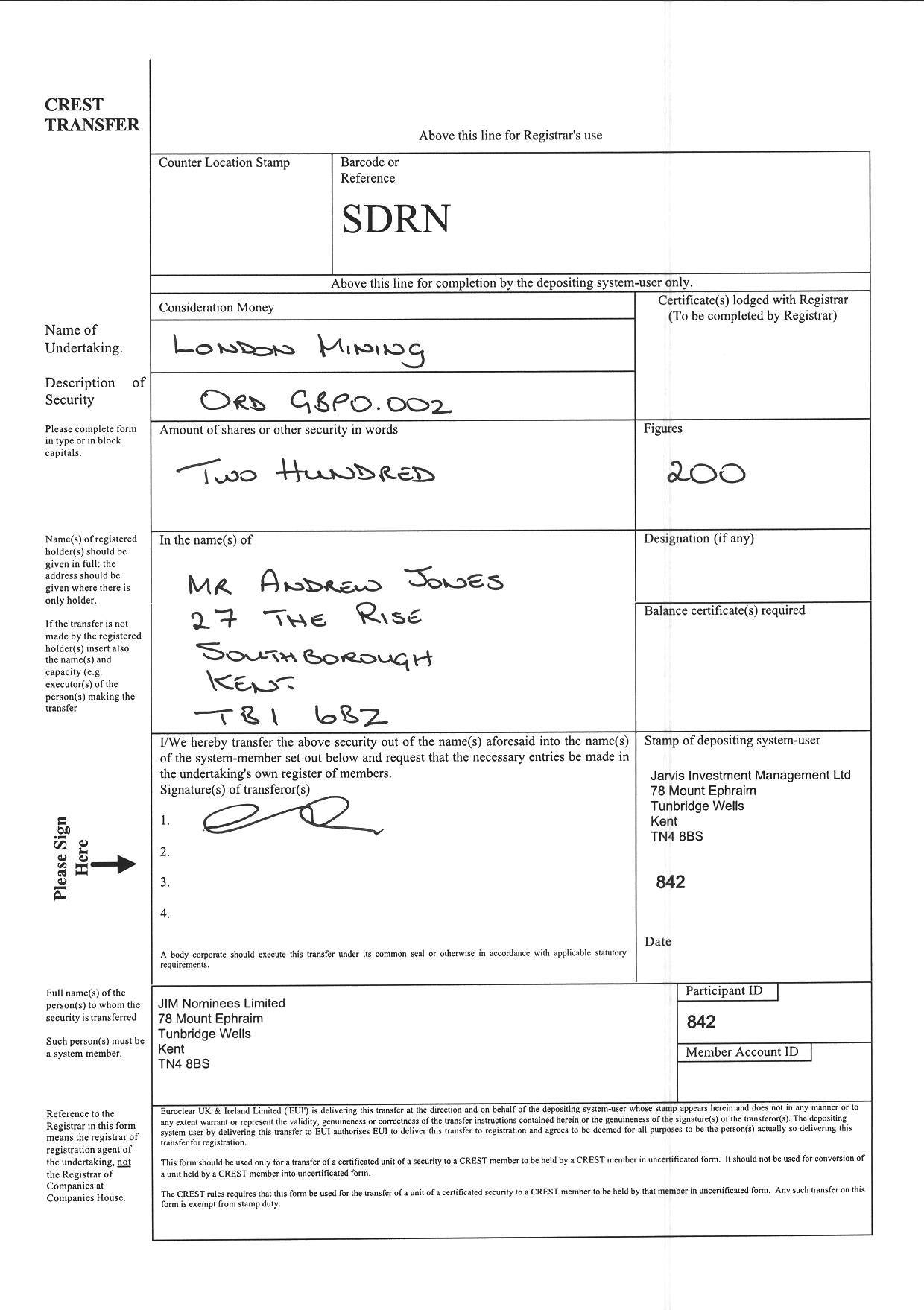 CREST Transfer Form Sample